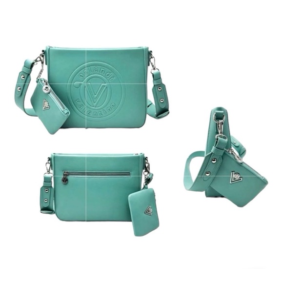 Valentino Orlandi Teal Vegan Leather Embossed Logo Crossbody Bag with Coin Purse - Picture 2 of 16
